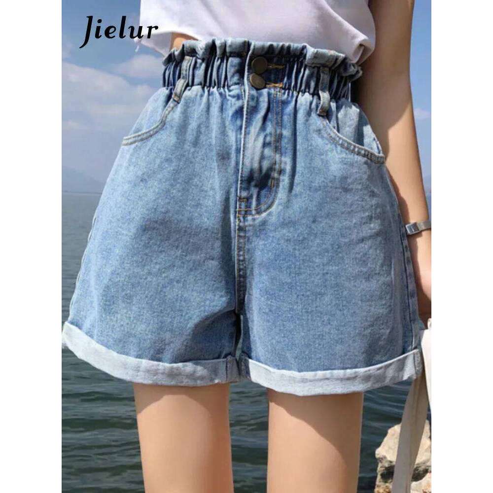 Jielur Summer Black Denim Women S-5XL Harem Ruffled White Blue High Waisted Shorts Female Elastic Short Jeans XJ260305
