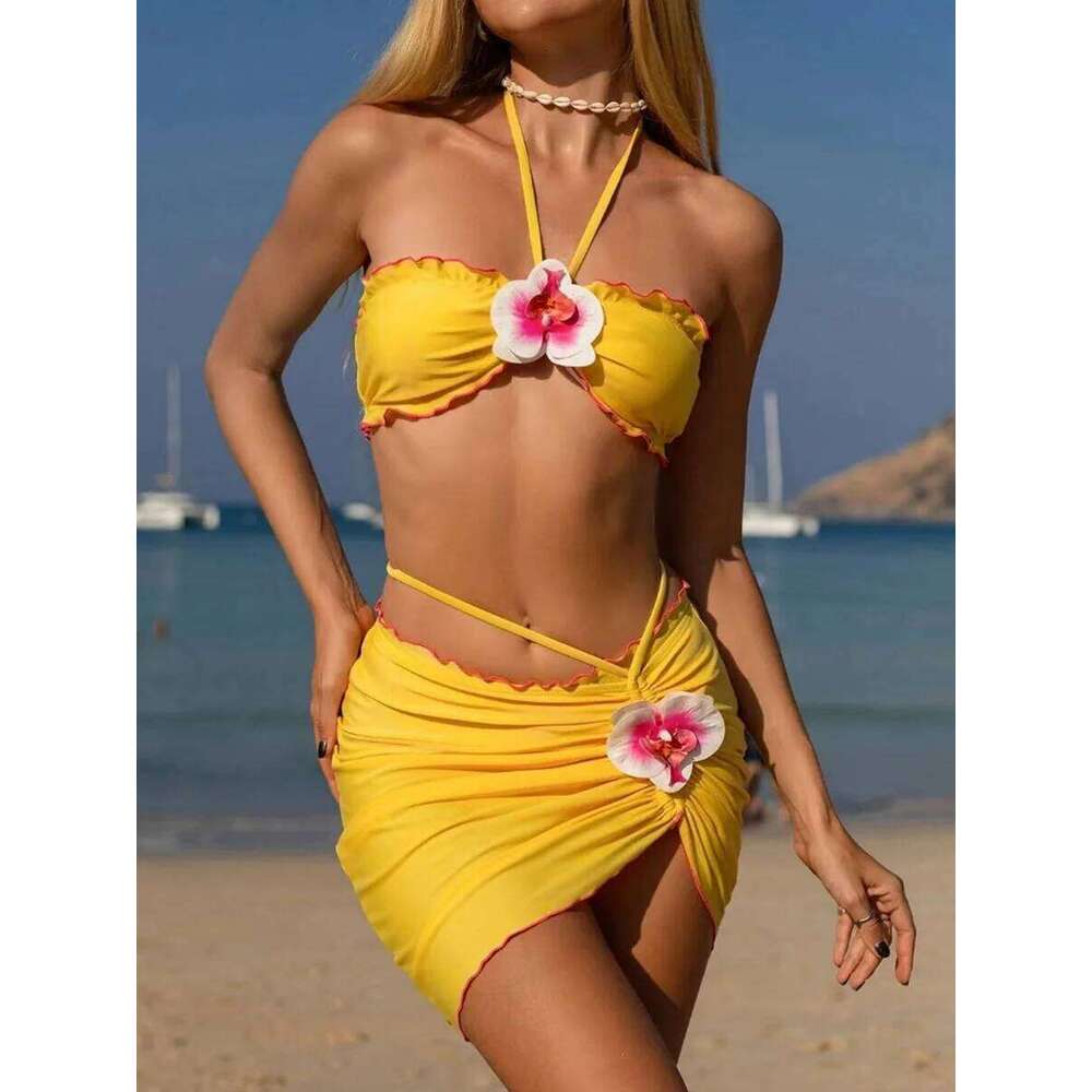 3D Flowers with Mesh Skirt Halter Bandeau Women Swimsuit Female Swimwear Three-pieces Bikini Set Bathing Suit Beachwear Y260303