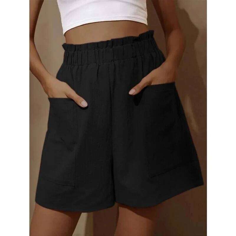 New Women's Shorts Cotton Hemp Blended High Waist Solid Color Casual Pocket Basic Fashion Summer Thin Pants XJ260305