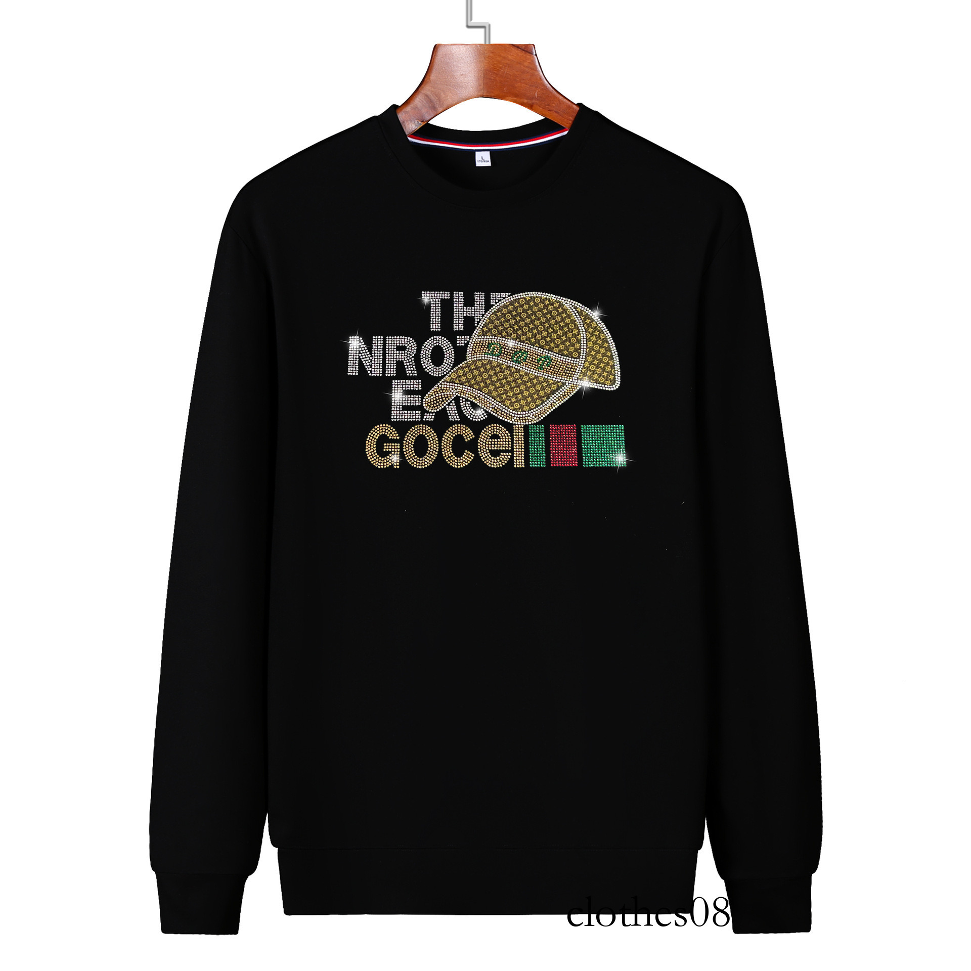 European Style Autumn Winter Sweatshirt Round Neck Fleece Trendy Men's Versatile Light Luxury Youth Heavy Craft Rhinestone Inner Shirt Long Sleev