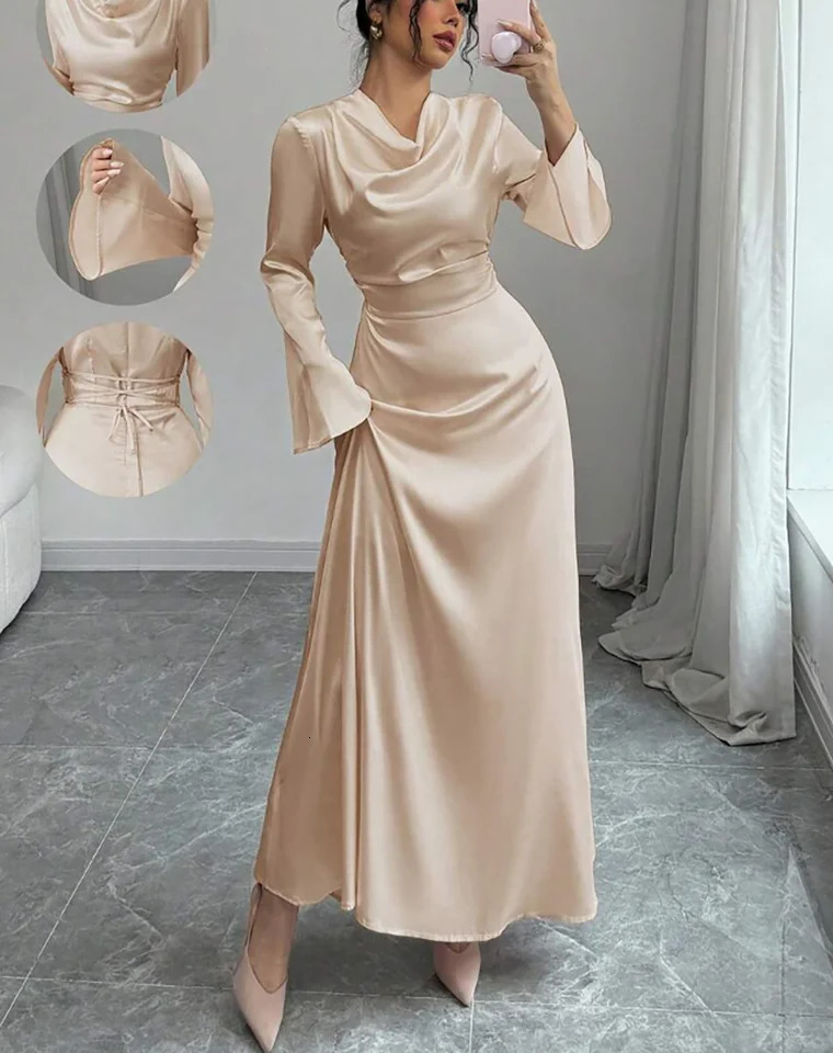 Maxi Dress Spring Summer Women Champagne Satin Cowl Neck Flared Sleeve Belted Elegant Luxurious Party Wedding Evening 260302
