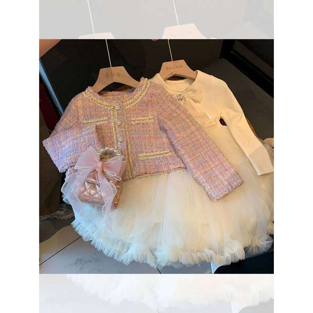 New Sweet Kids Girls Princess Clothes Sets Spring Autumn Children Fashion Coat +Dress Vintage Outfits Suit 2PCS Z260304