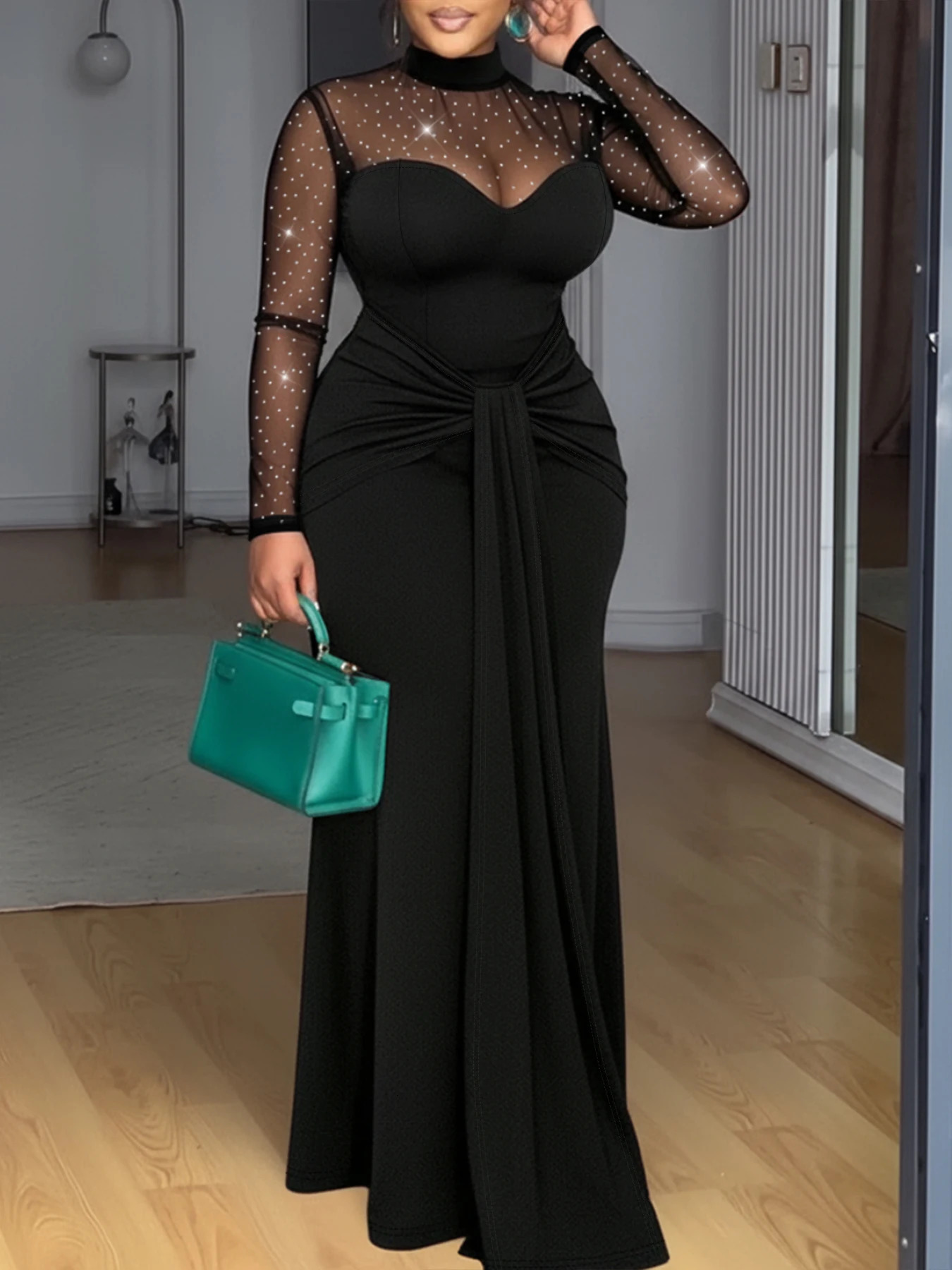 Women Mesh Patchwork Rhinestone Ruched Mermaid Maxi Dress Elegant Spring Summer Chic Cocktail Evening Figureflattering Gown 260302