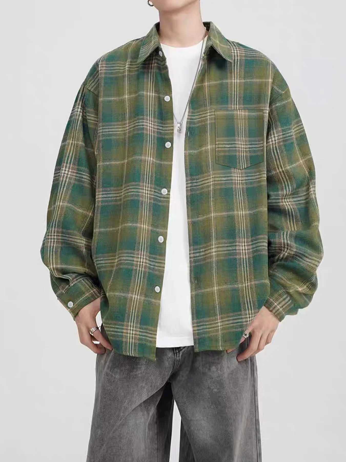 American-style autumn vintage mens shirt new casual spring and autumn plaid trendy versatile long-sleeve shirt M260305