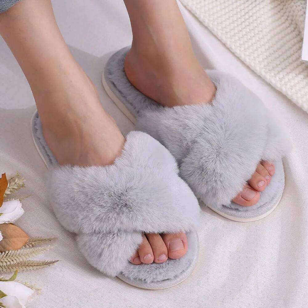 Kidmi Women Flat Fuzzy Cross Band Plush Female Fluffy Furry Bedroom Slides Indoor Non-slip Soft House Slippers