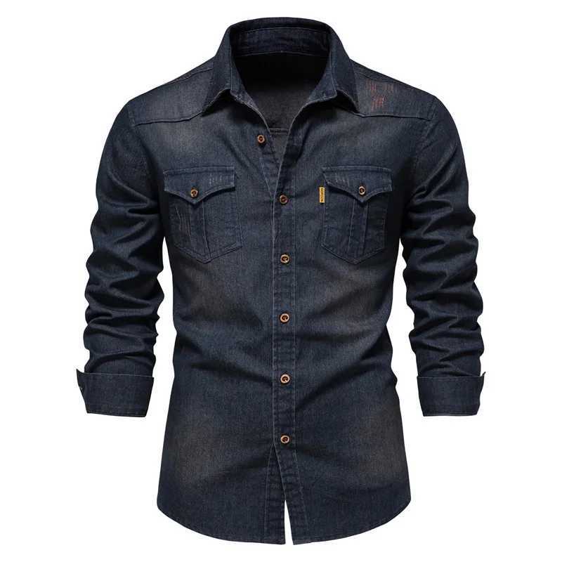 Elastic Cotton Denim Shirt Men Long Sleeve Solid Color Pocket Shirts for Men Casual Slim Fit Mens Designer Clothing M260305