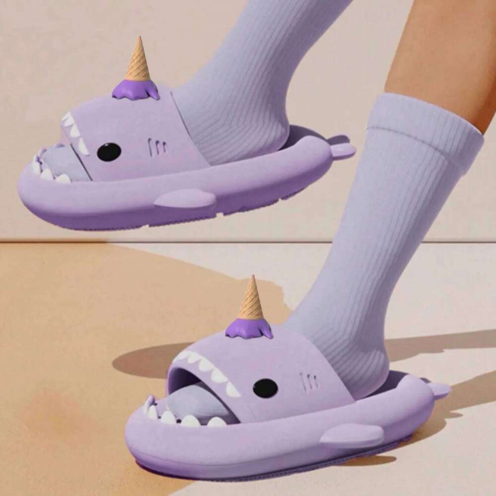 Summer Ice Cream Shark Slippers for Couples Cute Anti-Slip Thick Sole Indoor Bathroom Slides Men Women Beach Street Sandals