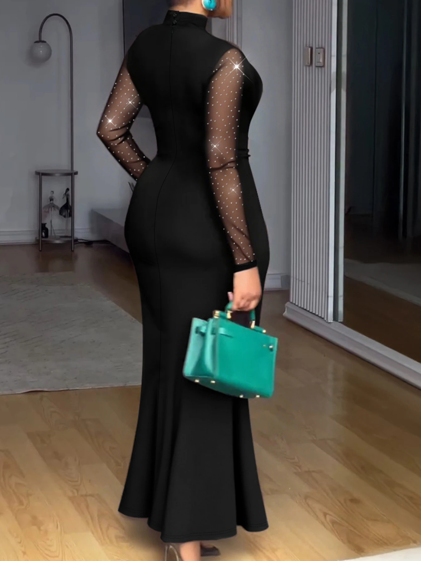 Women Mesh Patchwork Rhinestone Ruched Mermaid Maxi Dress Elegant Spring Summer Chic Cocktail Evening Figureflattering Gown 260302
