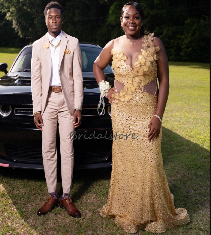 Luxury Gold Sequin Evening Dress With Florals Sparkly O Neck African Black Girls Prom Dress 2026 Plus Size Birthday Party Gowns Ceremony Formal Dress
