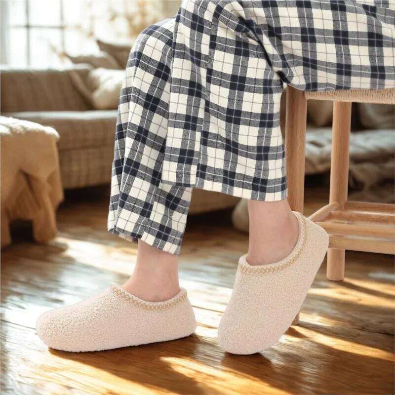 Kidmi Women New Winter Indoor Flat Slides Teddy Velvet Soft Rubber Sole Lace Warm Slippers Outdoor Wear-resistant Shoes
