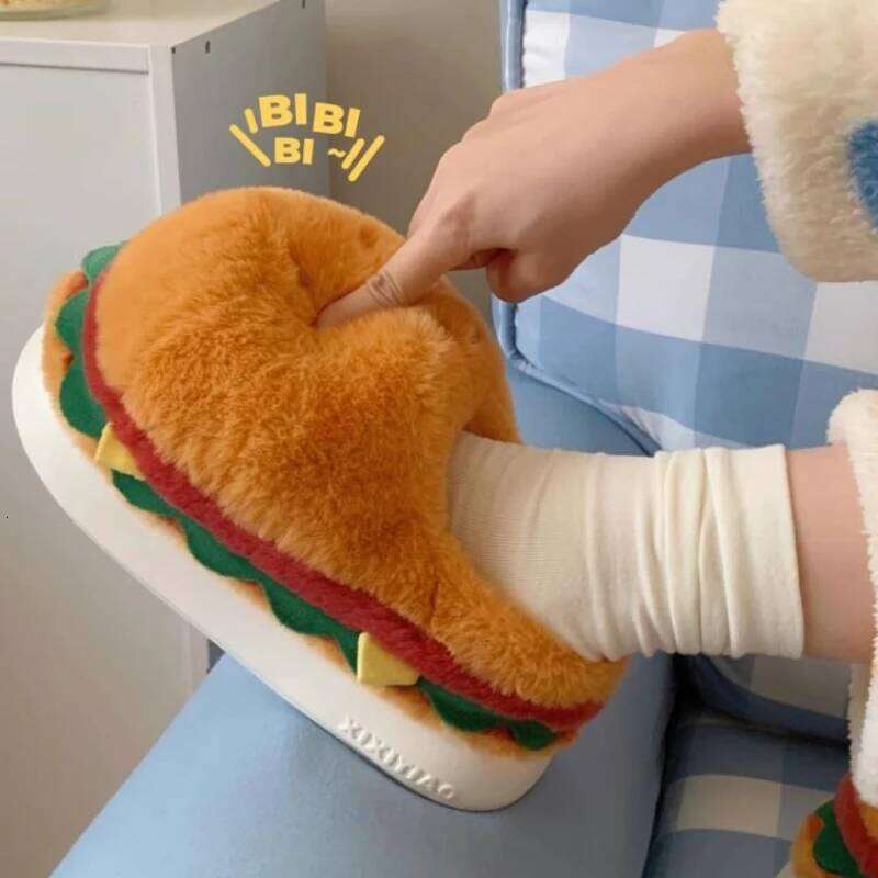 Winter Warm Women's Slippers with Cute Cartoon Hamburger Print Soft Plush Thick Sole Indoor Floor Platform Shoes for Girls