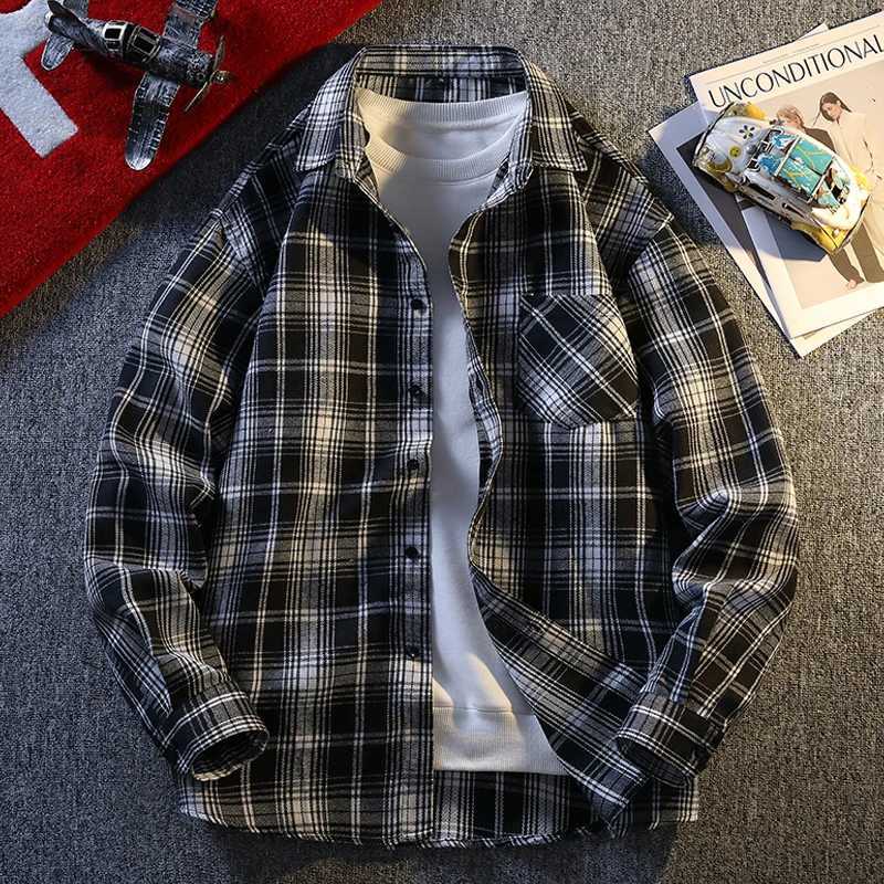 Mens Plaid Shirt Jacket Casual Long-sleeved Streetwear Young Adults Korean Fashion High Street Outwear Spring Man Clothing Top M260305