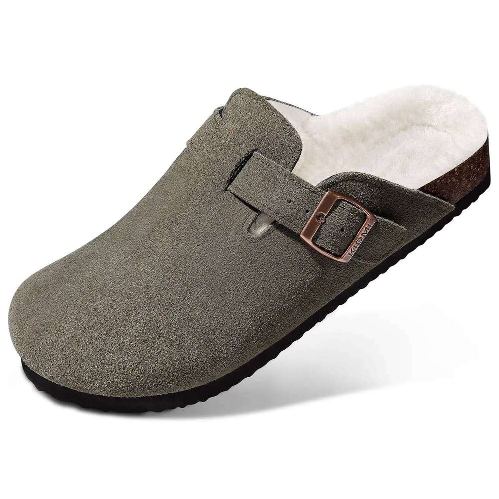 KIDMI Women's Fur Lined Suede Slippers Winter Fuzzy Cork Footbed Mules Outdoor Antiskid Slip On Potato Shoes Men Clogs