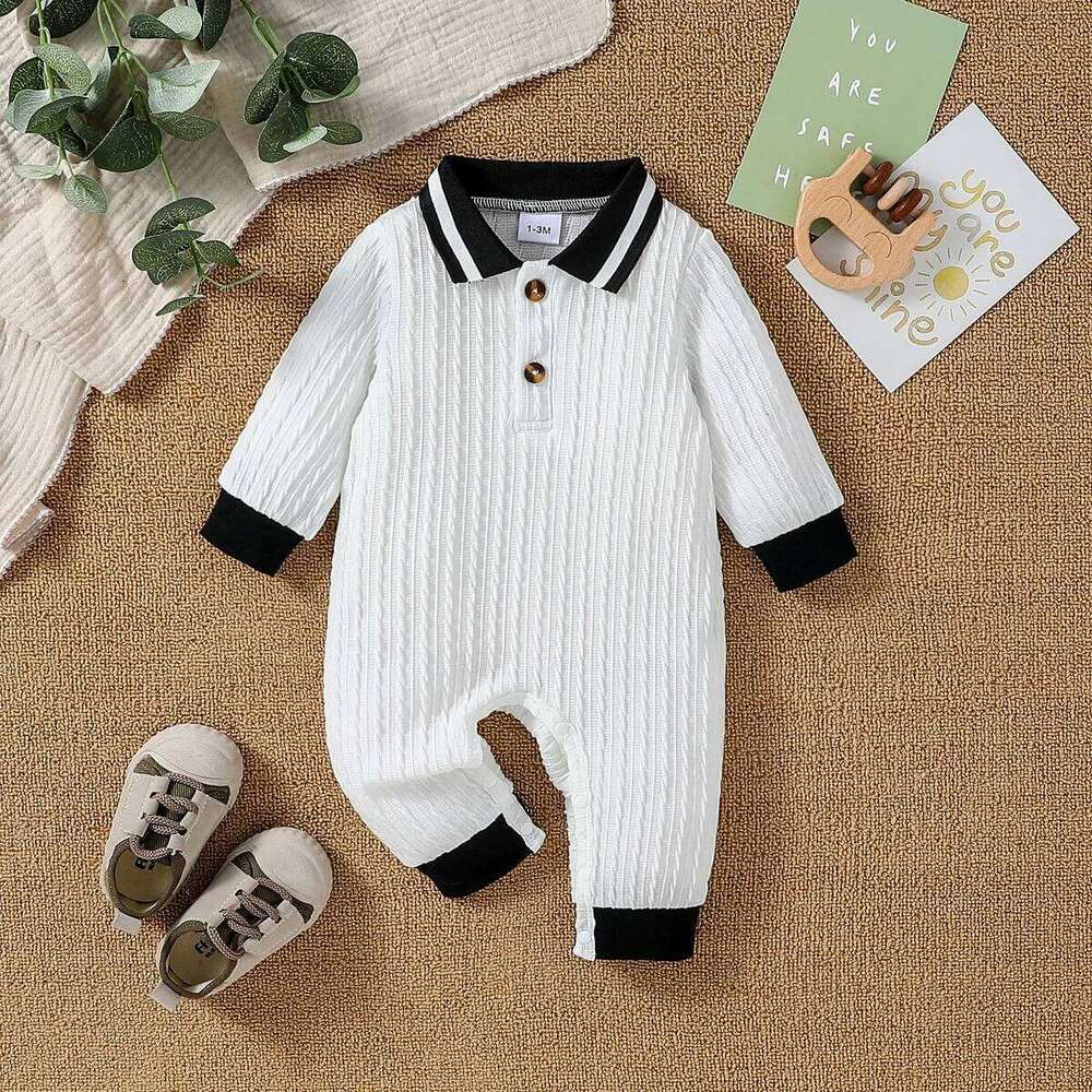 Baby Boys Autumn Solid WhiteTurn-down Collar Casual Daily Jumpsuit With Button For Newborn-18M Clothing Wear Z260304