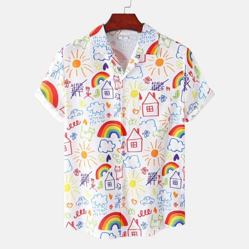 Summer Rainbow Mens Vocation Lapel Camisa Oversized Hawaiian Shirts 3d Print Fashion Men Women Beach Short-sleeved Blouse Tops M260305
