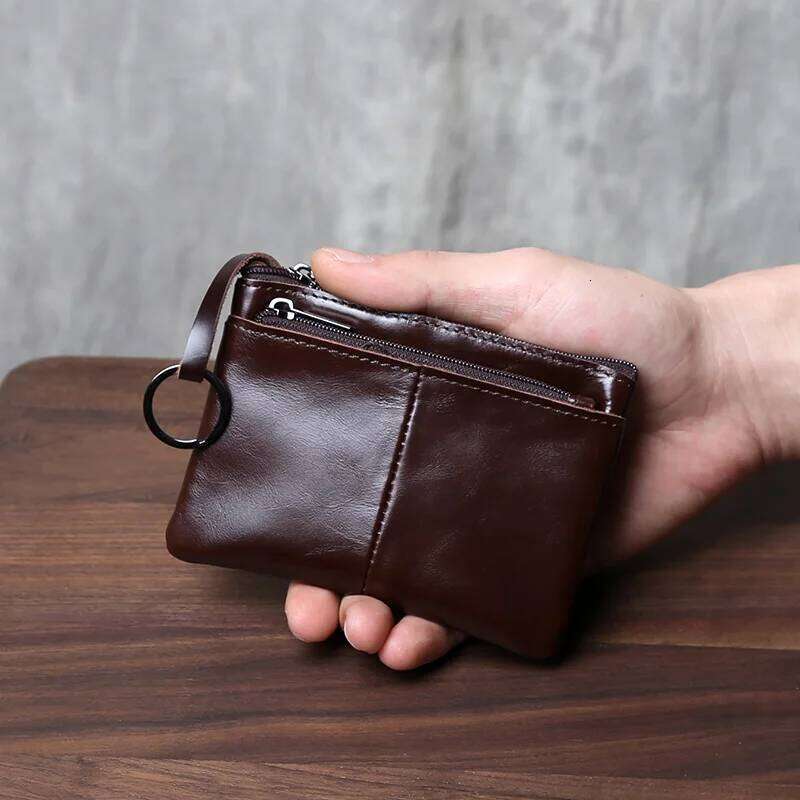 Handmade Genuine Leather Small Wallet, Business Top Layer, Cowhide Simple Zipper, Driver's License Bag, Bus Card Bag C260304
