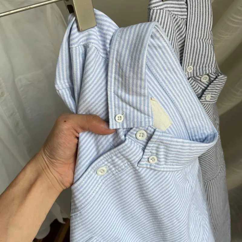 Retro Japanese Versatile Wash Striped Shirt Oxford Spinning Men and Women Casual Long-sleeved Shirt Clothes M260305