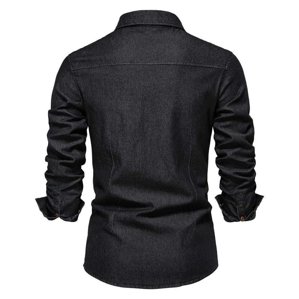 Elastic Cotton Denim Shirt Men Long Sleeve Solid Color Pocket Shirts for Men Casual Slim Fit Mens Designer Clothing M260305