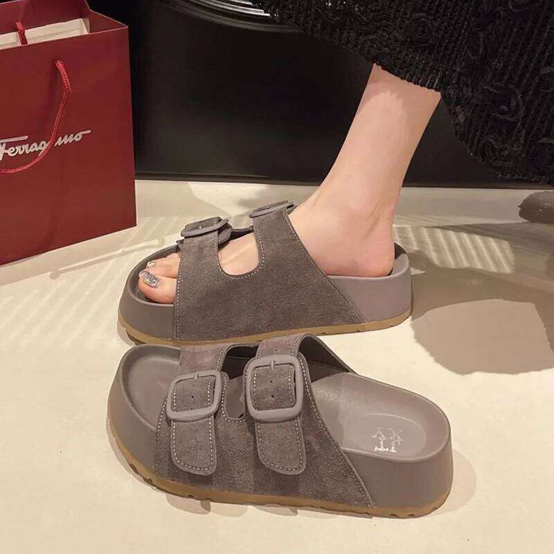 Kidmi Fashion Retro Trend Beach Round-headed Shoes Summer New Casual With Buckle Women Slippers