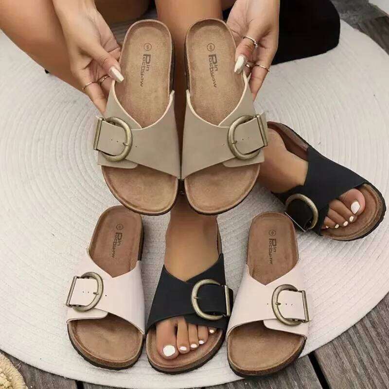 Kidmi 2025 Cork Sole Women Single Buckle Flip Flops Open Toe Beach Sandals Leisure Fashion House Slippers