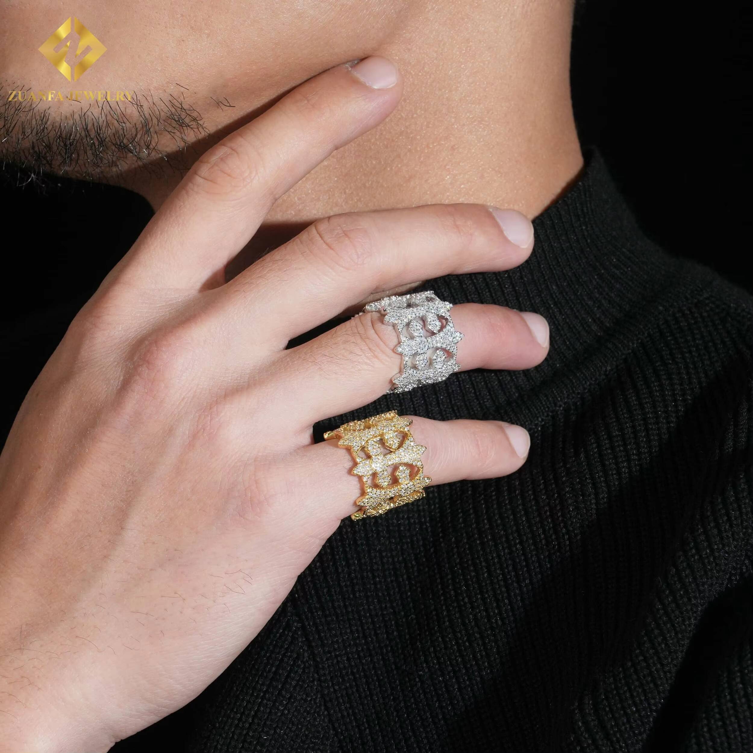 Hot Sale Hip Hop Style Cross Moissanite Rings Mens Moissanite Rings 925 Silver VVS1 Moissanite Ring Past Diamond Tester with GRA