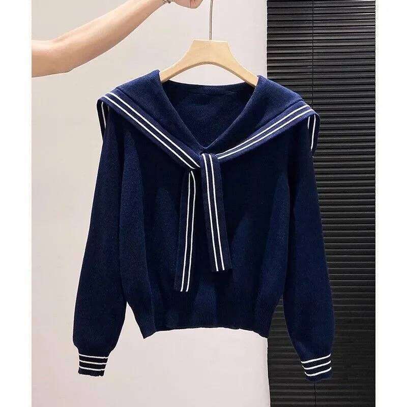 Navy Collar 2025 Autumn Women's New Spliced pullover Knitted Sweater Versatile Design Fashionable Long-sleeved Top XJ260305