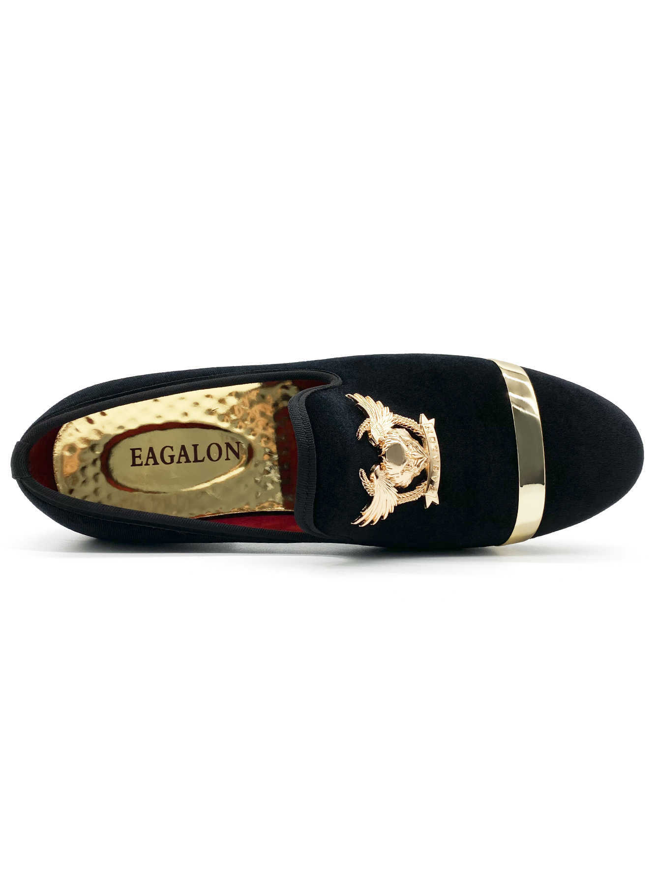 Men's Luxury Black Velvet Loafers Gold Metal Band Eagle Emblem Dress Shoes Fashion Slip-on Smoking Slippers