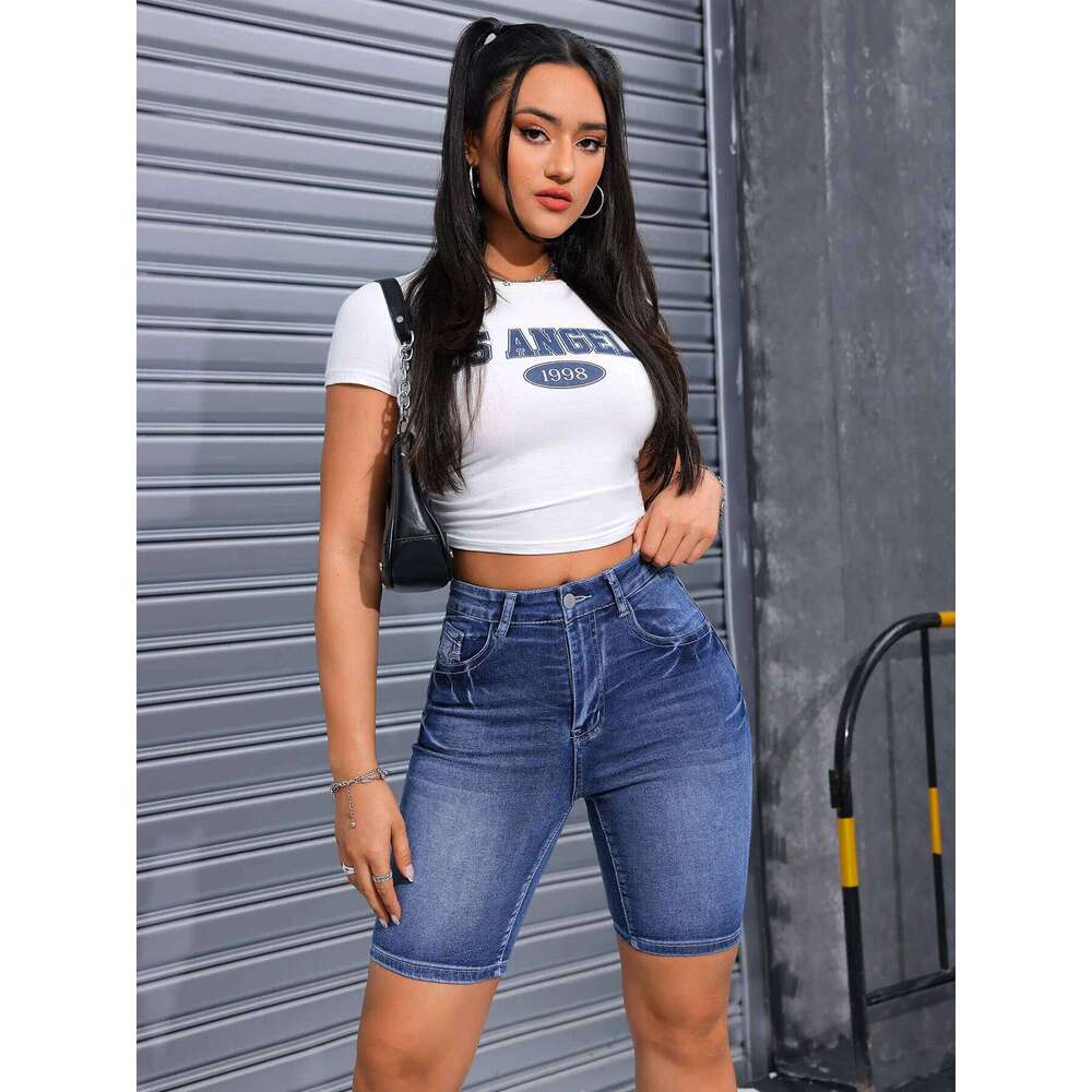 2025 Summer New High Stretch Slim Fit Denim For Women Fashion Embroidery Knee Length Skinny Jeans Shorts Casual Clothes XJ260305