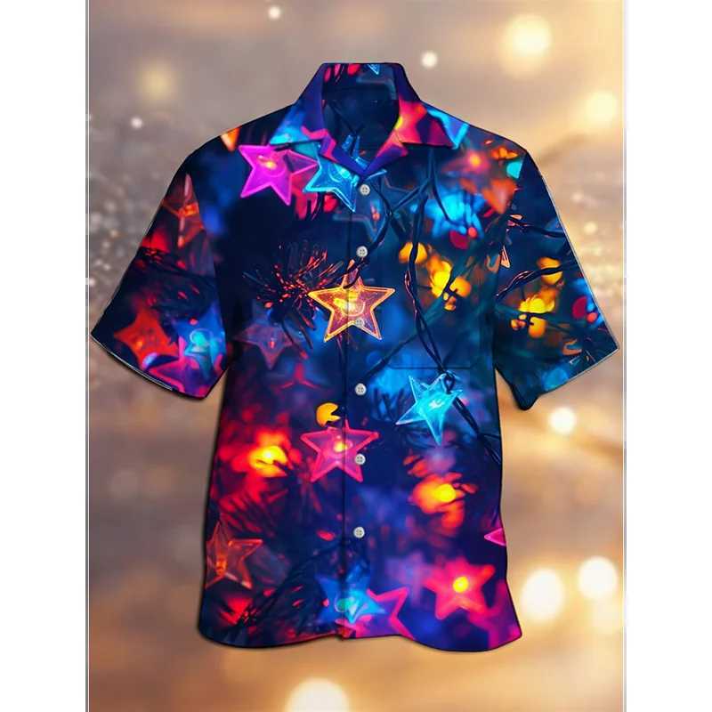 3D Print Neon Theme Christmas Tree Graphic Hawaiian Shirts New Year Merry Christmas Short Sleeve Button Shirt Xmas Trend New Tee M260305