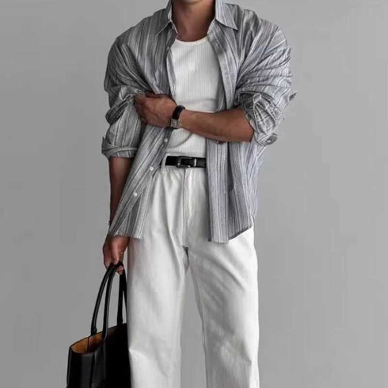 Vintage Mens Striped Printed Shirt Long Sleeve Turn-down Collar Buttoned Shirts Autumn New Casual Slim Fit Men Cardigan Shirts g52 M260305