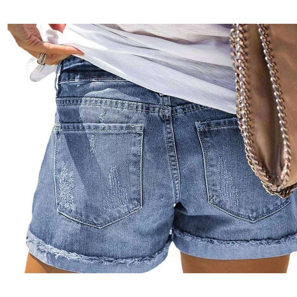 Fashionable Printed Washed Ripped Patch Denim Shorts. Women's Summer New Design Sense Flip The Edge Casual Mid-waist Short Jeans XJ260305