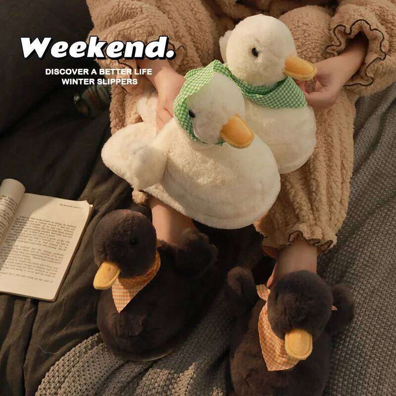 Cute Duck Cotton for Women Cartoon Non-Slip Home Fur Slippers Comfortable Autumn Winter Women's Indoor Shoes