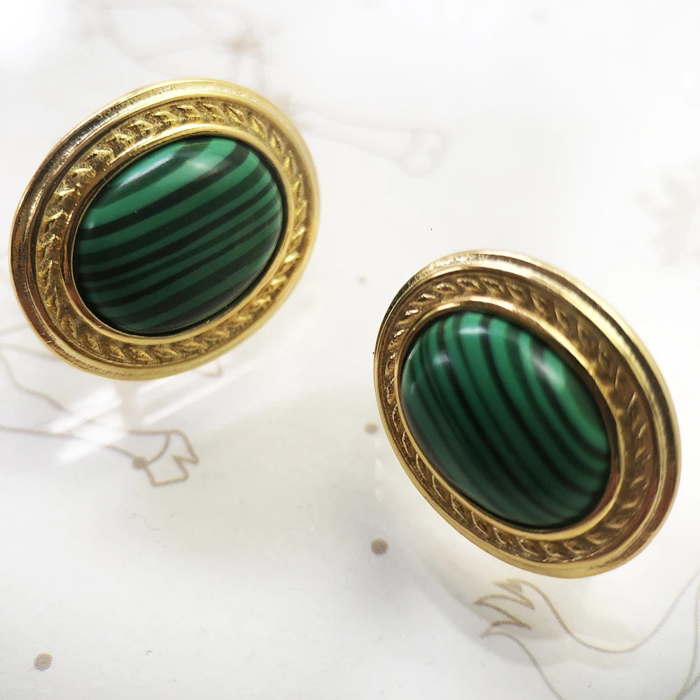 Green Oval Stone Golden Studs EarringsEurope Style Fine Jewerly For Women Vintage Gift In 925 Sterling Silver 260303