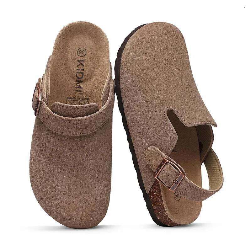 Kidmi Women's Cow Suede Clogs With Adjustable Strap Indoor And Outdoor New Beach Cork Footbed Leather Mules Slip On Potato Shoes