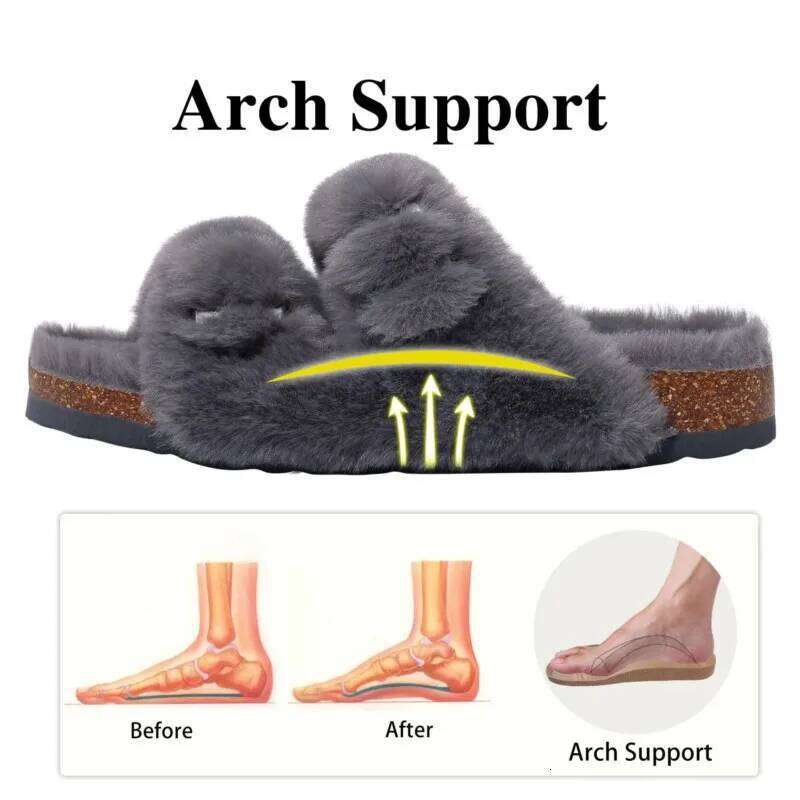 Kidmi Winter New Womens Slippers Arch Support Cork Insole Comfort Slides Fluffy Warm Women's Sandals With Adjustable Buckle