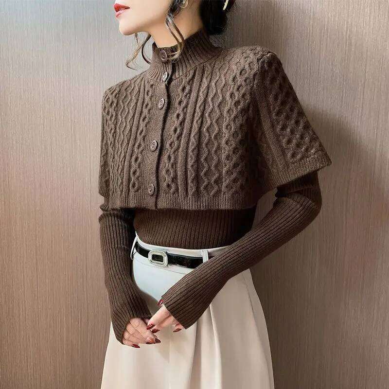 Women Autumn Vintage Sweater Knitted Slim Turtleneck Solid Korean Single Breasted Cardigan Cloak Sweaters XJ260305