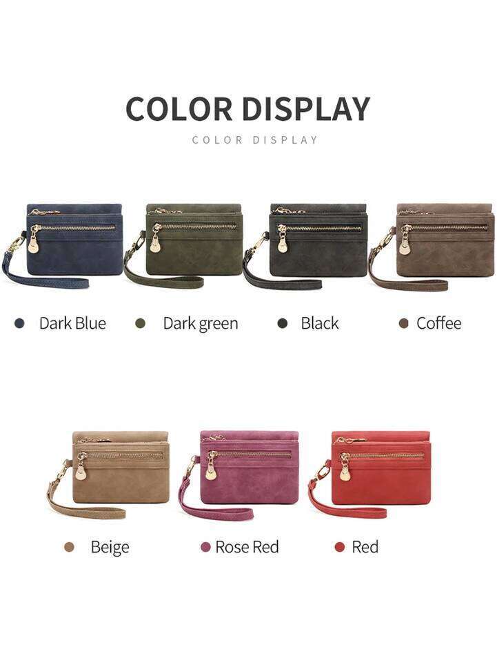 Retro double fold PU leather short wallet with zipper coin pocket multiple slots and wrist band casual portable card clip C260304