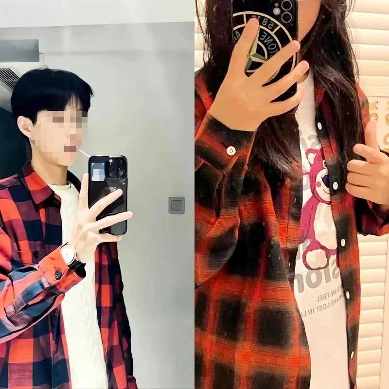 Vintage Plaid Shirts Oversize Basics Long Sleeve Turn-down Collar Pocket Loose Single Breasted Casual Thin Coat M260305