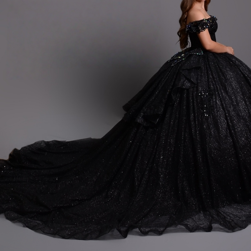 Black Shiny Quinceanera Dresses Ball Gown Off The Shoulder Sequin Beading Crystal Bow Corset Party Birthday Sweet 16 Dress Vestidos 15 De Anos