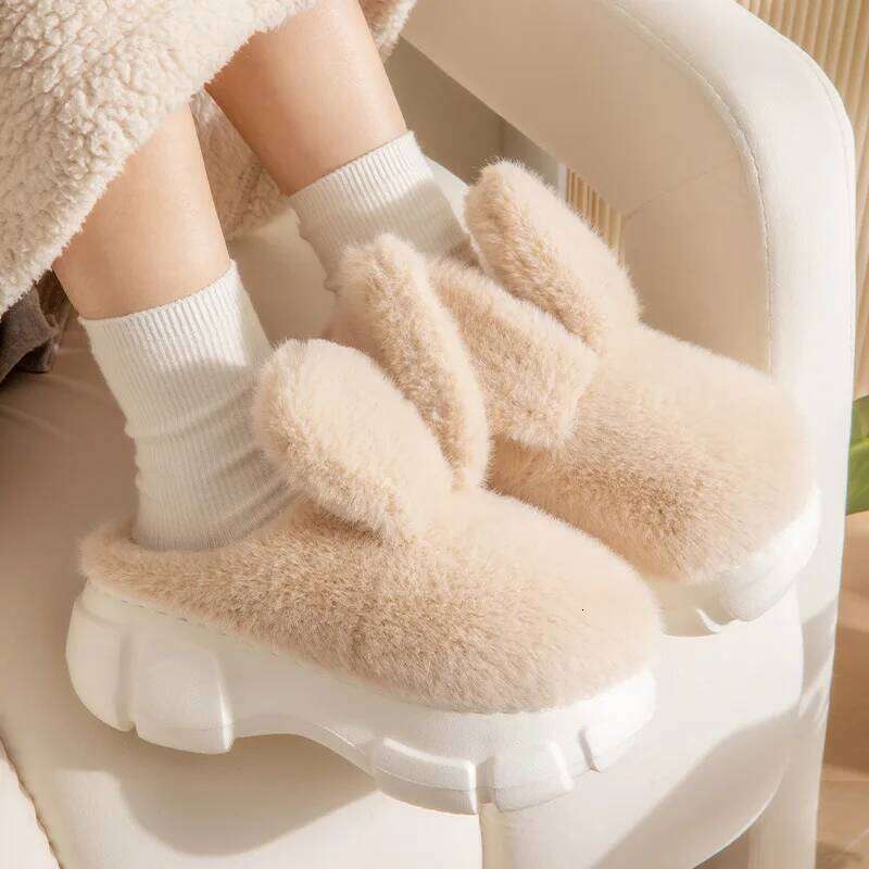 Women Indoor Fluffy Slippers Thick Sole Autumn Winter House Platform Shoes Warm Faux Fur Anti-slip Female Home Cotton Slipper
