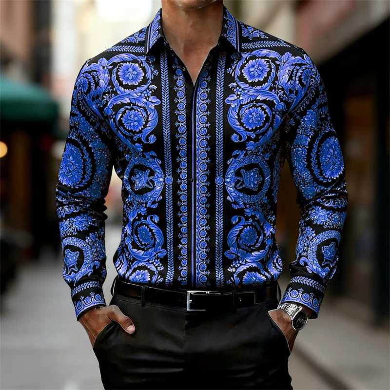 Mens Shirt Baroque Style Gold Pattern Long Sleeve Shirt Fashion Slim HD Print Shirt Hot Sale XS-6XL M260305