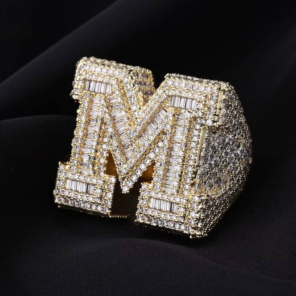 Iced Out Hiphop M Letter Micro Pave Baguette White MoissaniteVVS Gold Plated Ring Fine Jewelry for Men