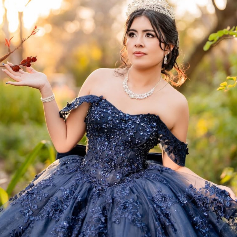 Navy Blue Shiny Quinceanera Dresses Ball Gown Off The Shoulder Applique Lace Beading Crystal Bow Corset Party Birthday Sweet 16 Dress Vestidos 15 De A
