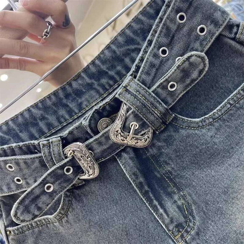 New Retro Design Denim Shorts Women High-waisted Lace-up Jeans with Belt Pockets XJ260305