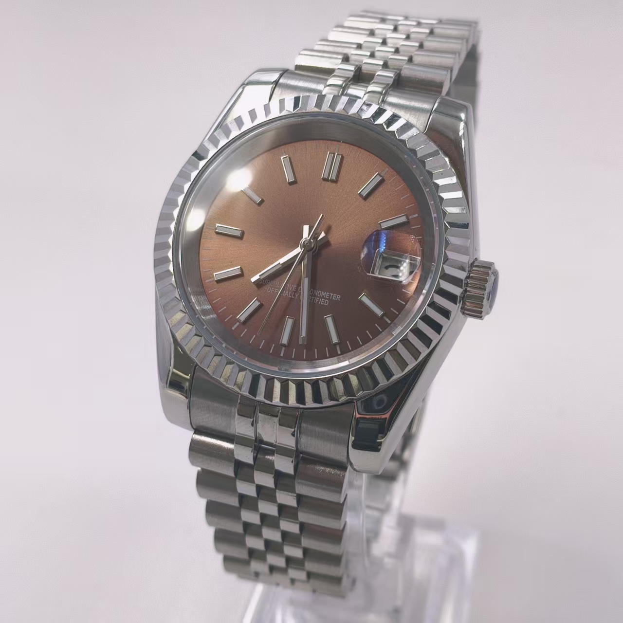 Self Made Diy NH35 Movement Sliver Watch Mod 39mm 316L Case 20mm 904L Strap green luminous Hands sapphire glass Fit NH35 movement strip nail Brown 28.