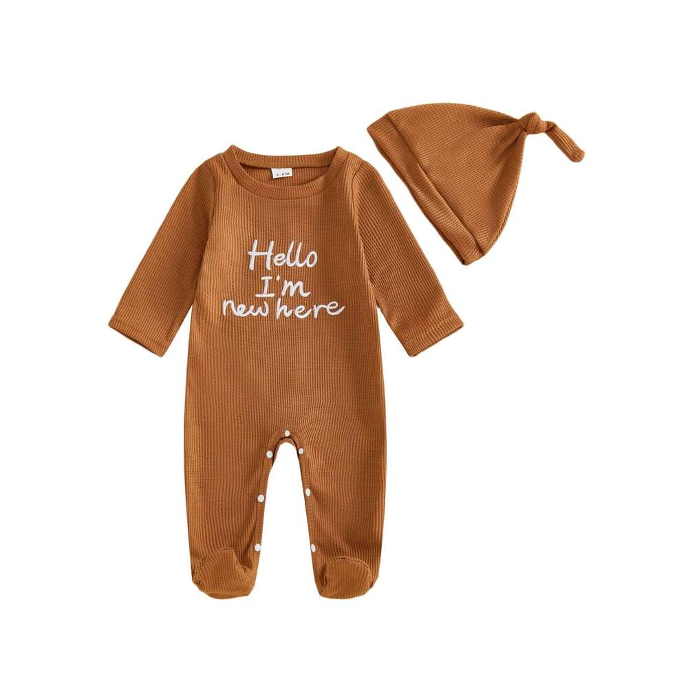Infant Boys 2-Piece Outfit Cozy Long Sleeve Footie Romper with Crew Neck and Embroidered Letters Matching Hat Included Z260304