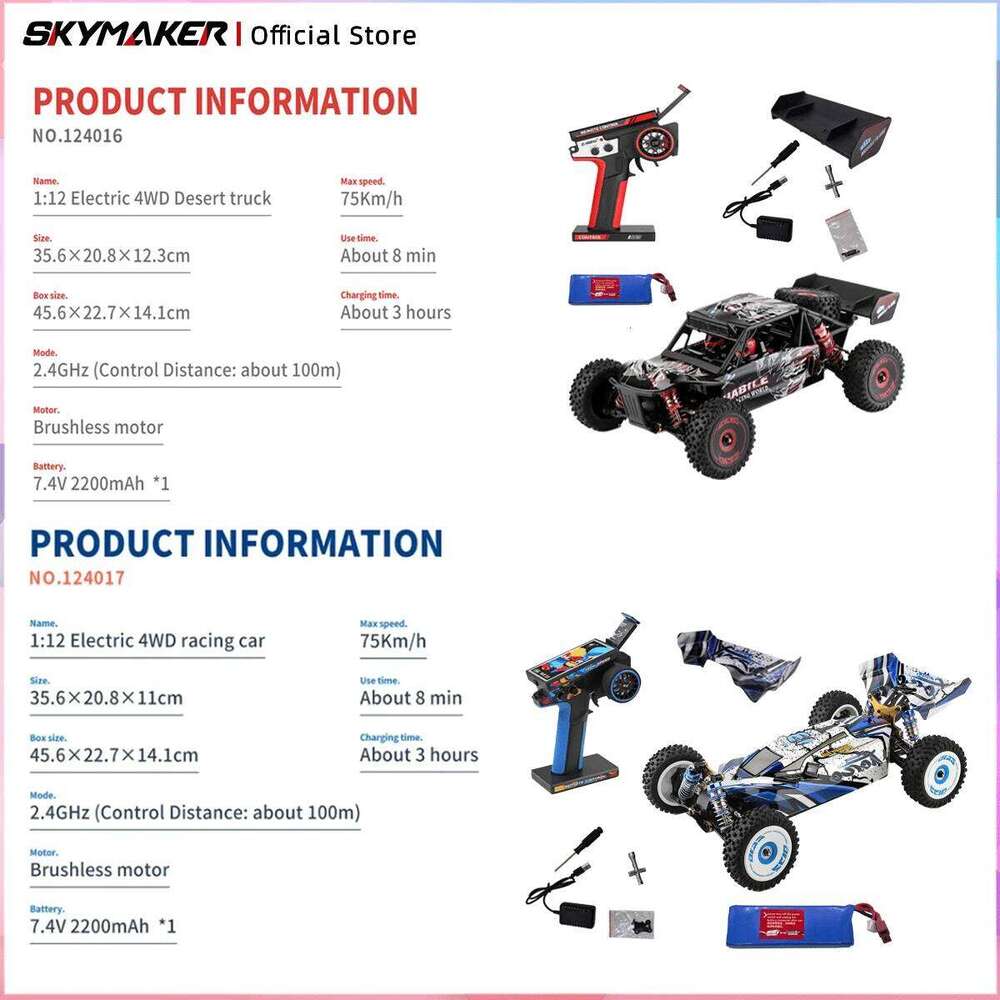 WLtoys 1/12 Car 124016 124017 75KM/H 2.4G Brushless Vehicle V8 1:12 Remote Control 4WD Electric High-Speed Racing RC Toy Z260304