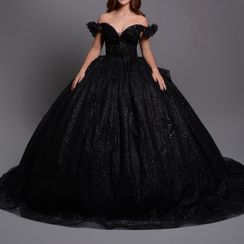 Black Shiny Quinceanera Dresses Ball Gown Off The Shoulder Sequin Beading Crystal Bow Corset Party Birthday Sweet 16 Dress Vestidos 15 De Anos