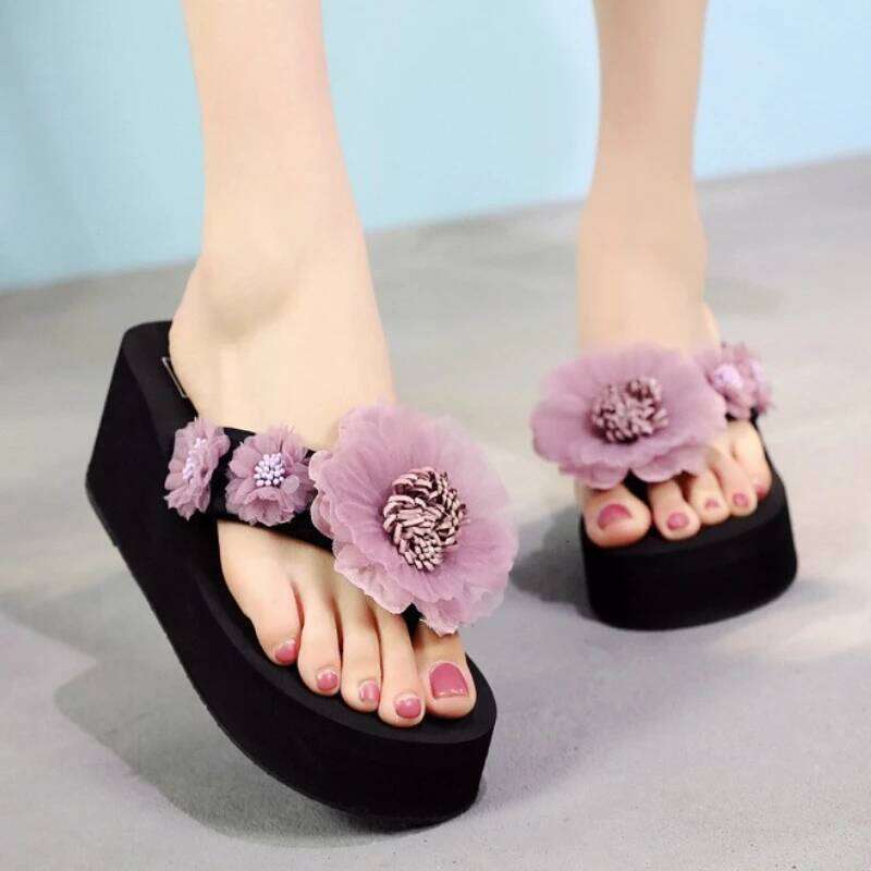 Bohemia Style Flower Platform Flip Flops For Women Summer Shoes Thick Sole Light Weight Girls Home Beach Slippers Wedge Sandals