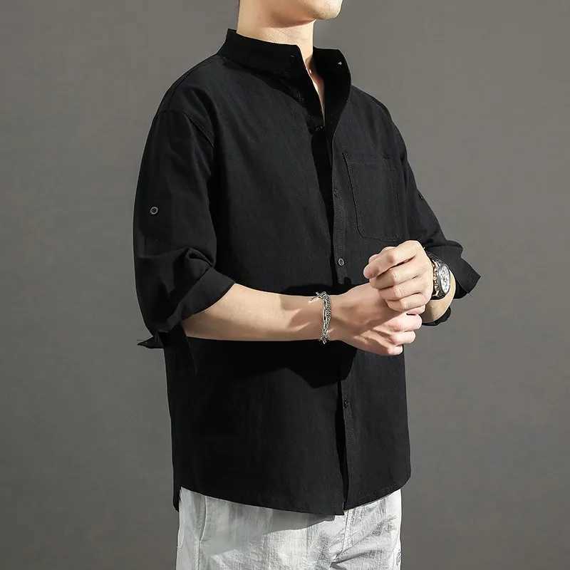 New Summer Linen Shirt for Men Seven-quarter Sleeve Loose Casual Stand Collar Cotton Linen Trendy Shirt M260305